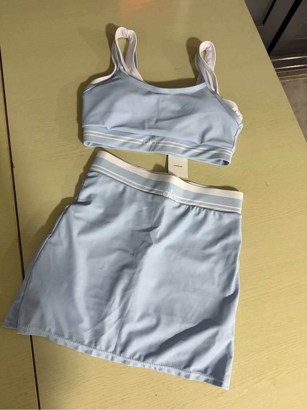 ALO Yoga Light Blue Bralette and Matching Skirt Set